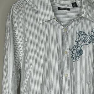Kenneth Cole Reaction Shirt-‎ Large-embroidered floral button down striped blue
